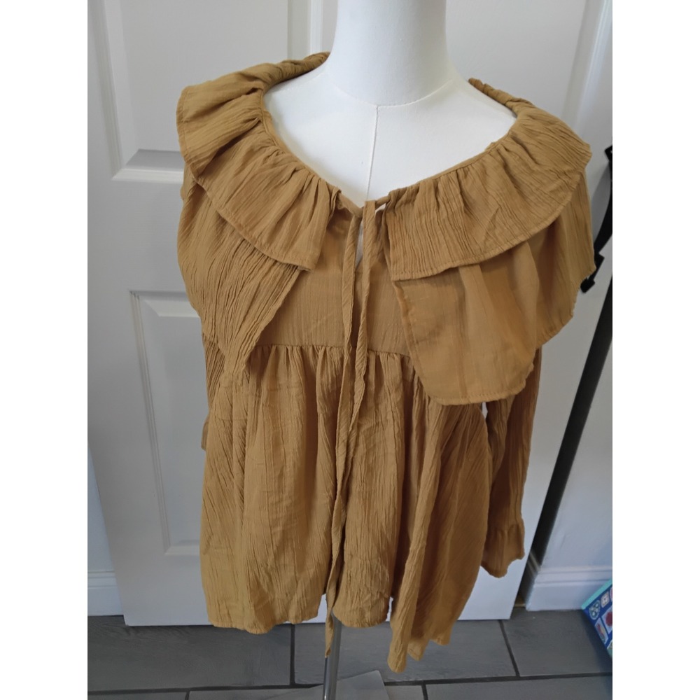 31 Fashion Mustard Yellow Ruffle Collar Babydoll Blouse Long Sleeve Boho Top